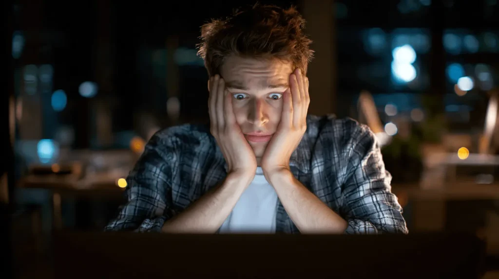 Mann ist erschrocken und erkennt einen deepfake am PC