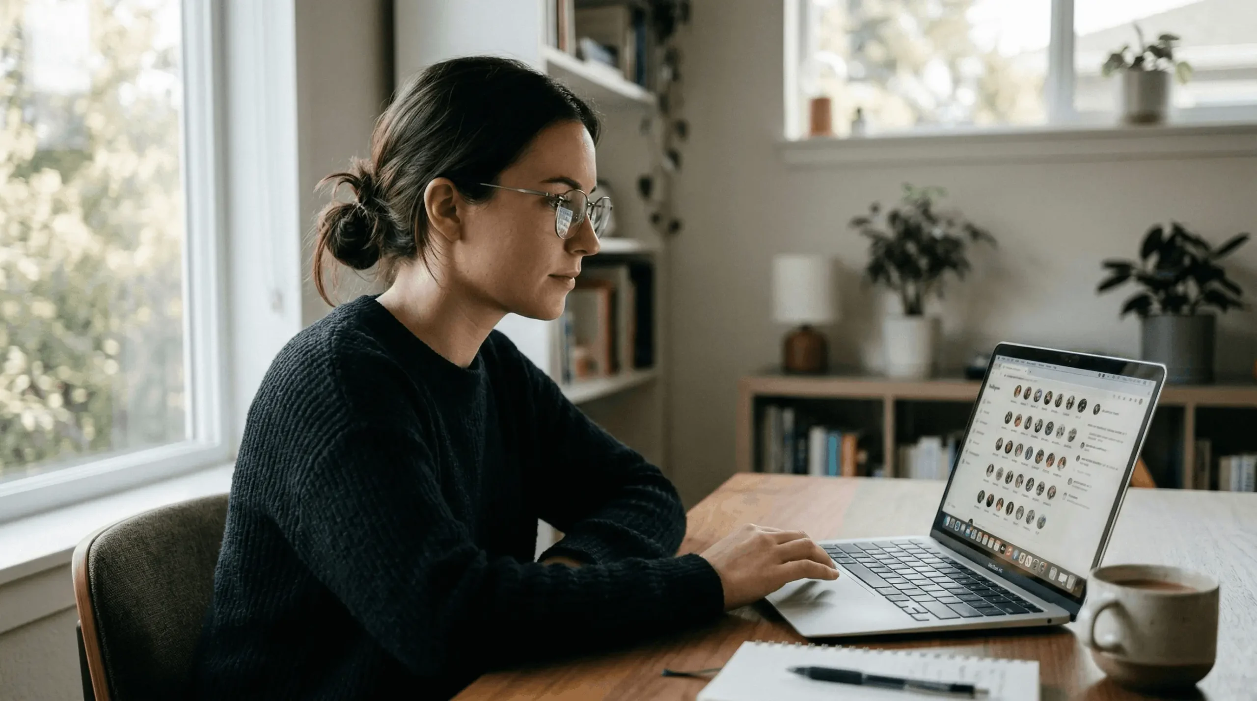 Frau benutzt Social Media auf dem Laptop