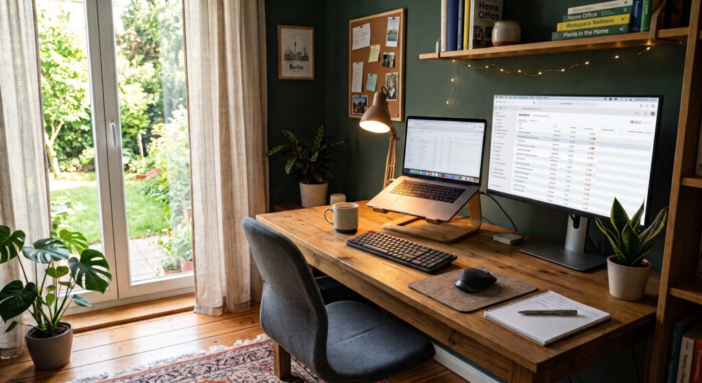 Homeoffice-Arbeitsplatz mit Laptop und Monitor für den Fernzugriff auf das Firmennetzwerk
