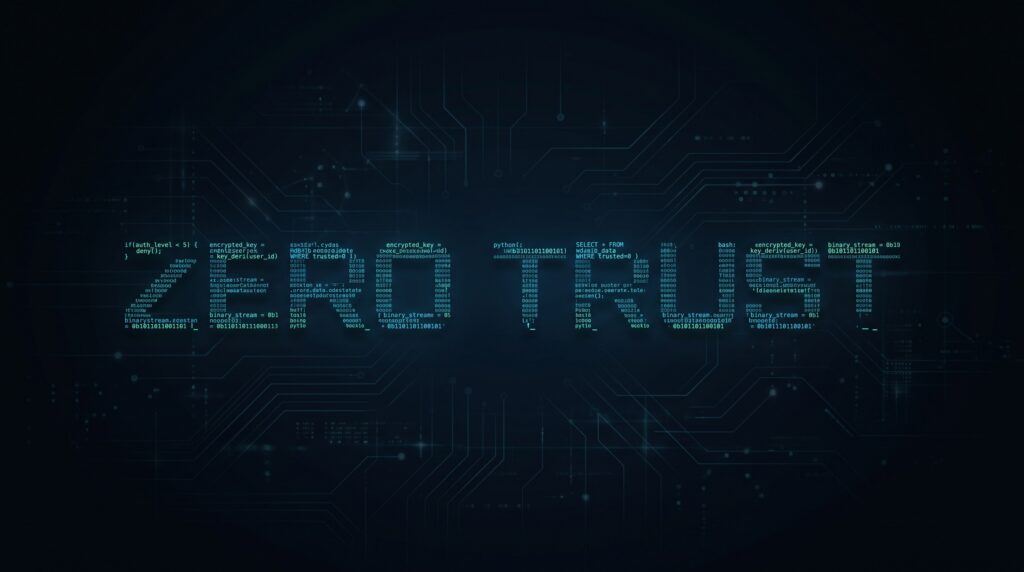 Schriftzug Zero Trust aus Programmcode als Symbol für das Sicherheitsprinzip „Vertraue nie, prüfe immer“