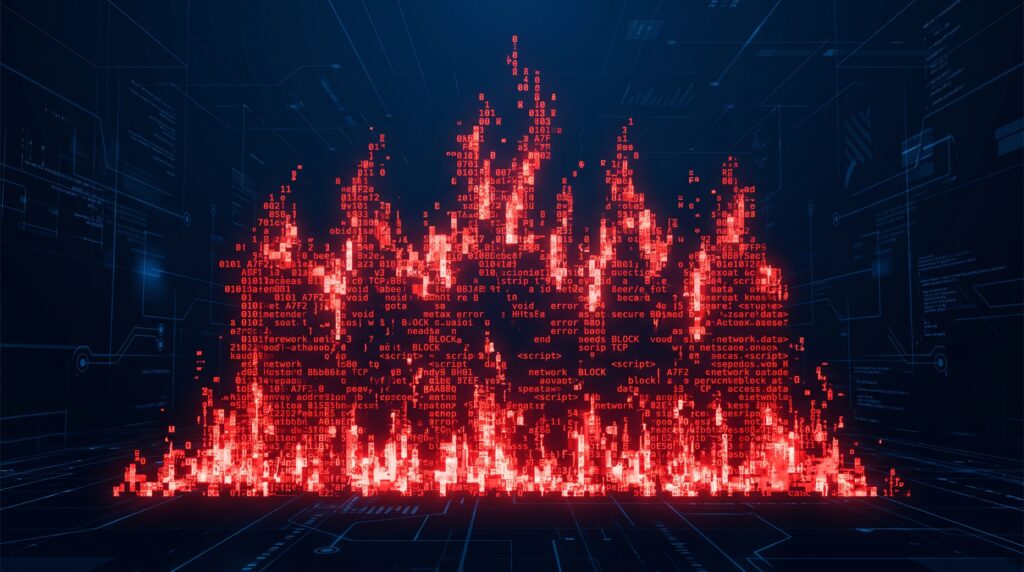 Flammen aus rotem Programmcode als Sinnbild für den Begriff Firewall