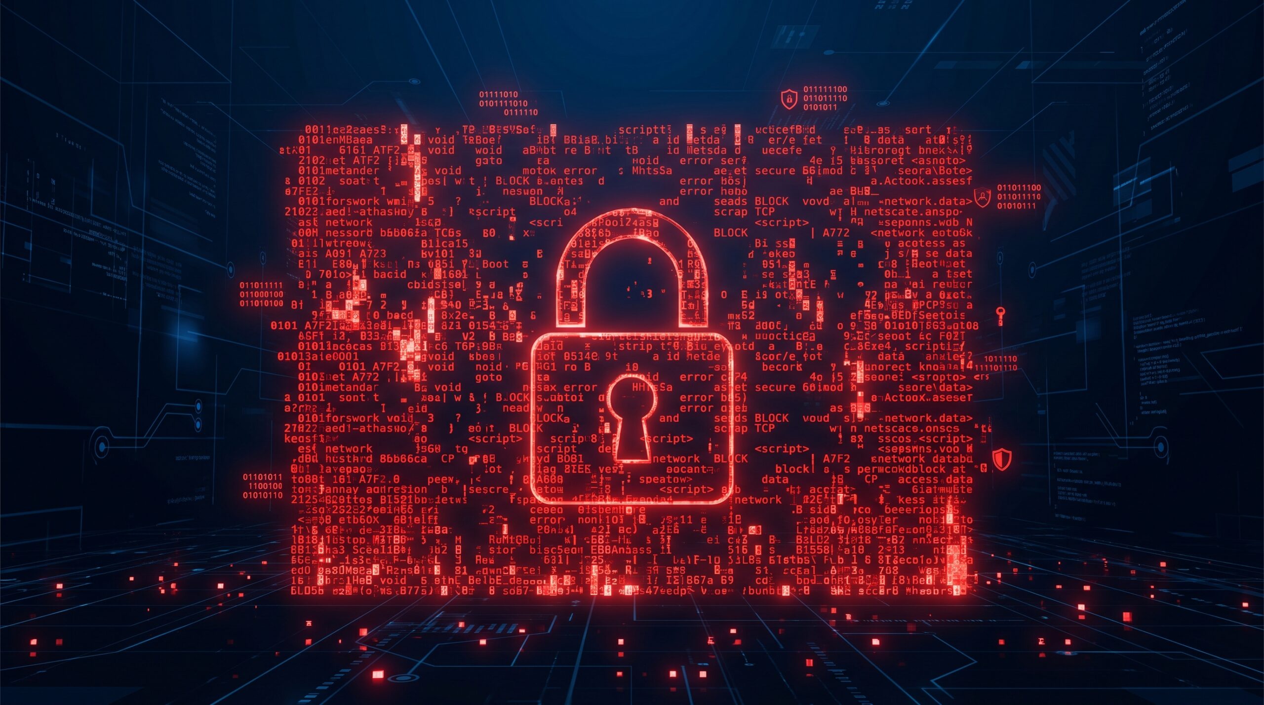 Vorhängeschloss aus Datencode als Symbol für die Firewall als Schutzwand des Unternehmensnetzwerks