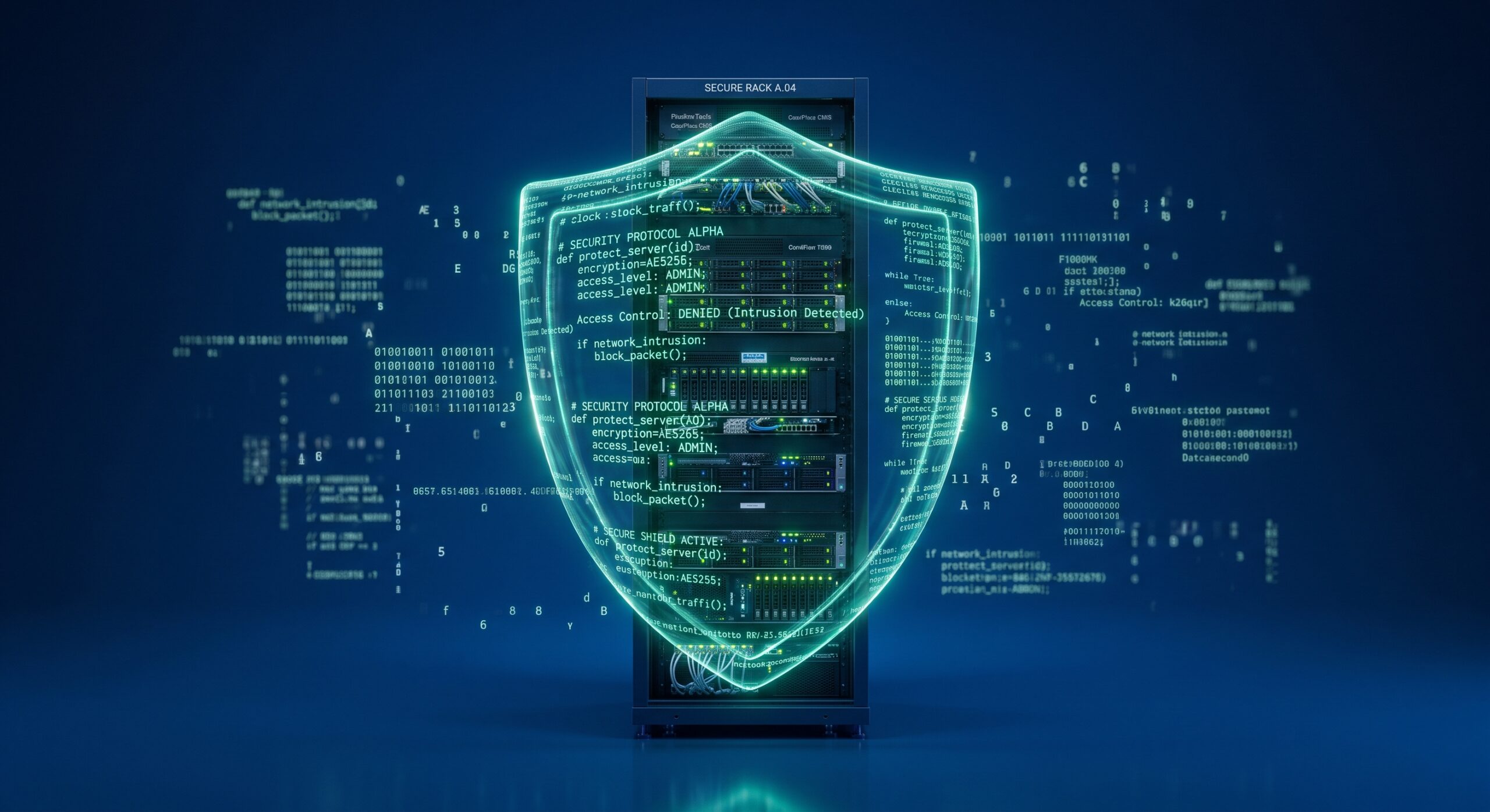 Server-Rack mit Schutzschild als Sinnbild für eine dedizierte Hardware-Firewall